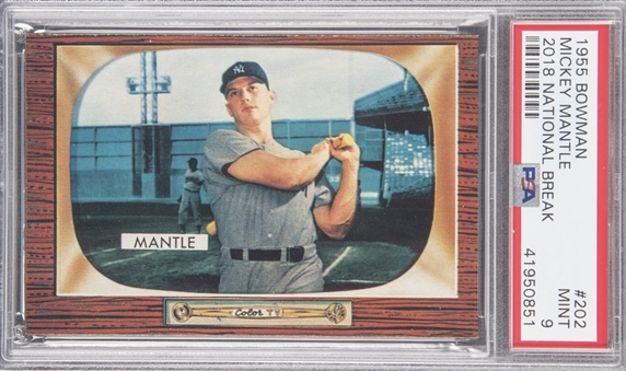 Stunning 1955 Bowman #202 Mickey Mantle, From the Famous 2018 National Convention "Break!" – PSA MINT 9